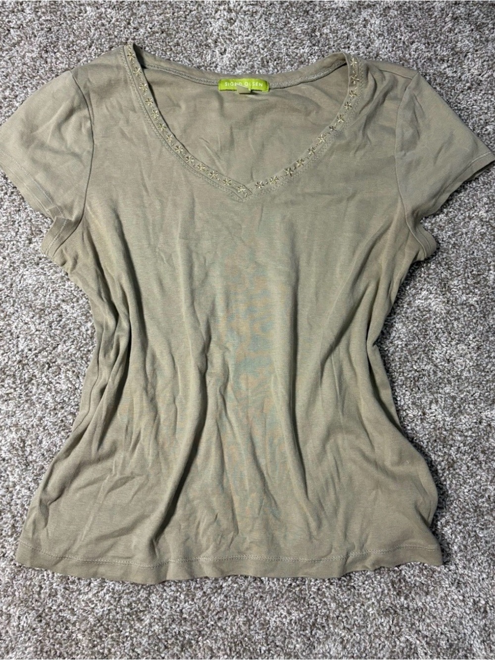 Sigrid Olsen Beige Solid Cotton Knit V-Neck Short Sleeve T-Shirt Size XL